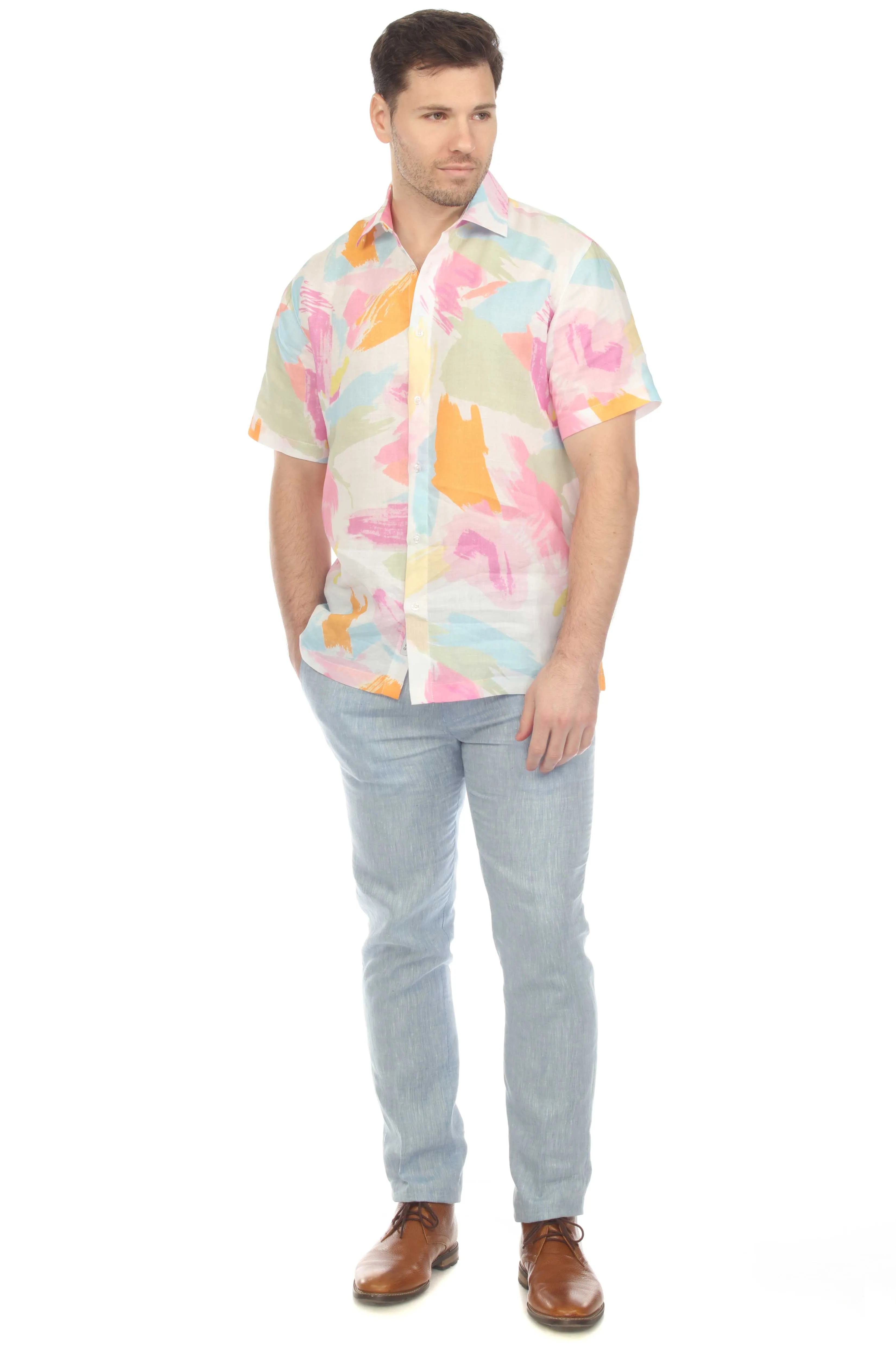 Mojito Men's Casual Printed Linen Resort Shirt Short Sleeve Button Down
