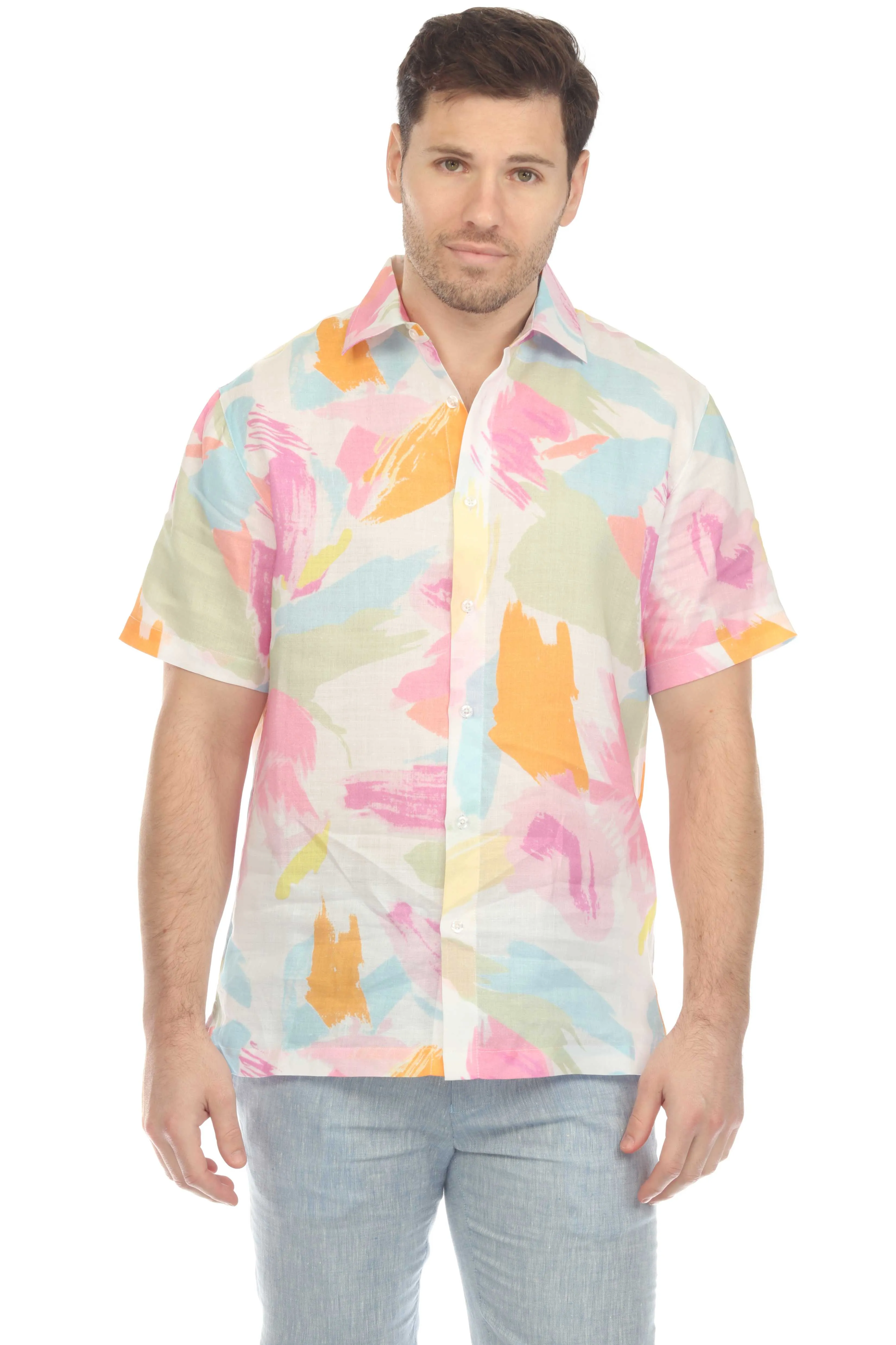 Mojito Men's Casual Printed Linen Resort Shirt Short Sleeve Button Down