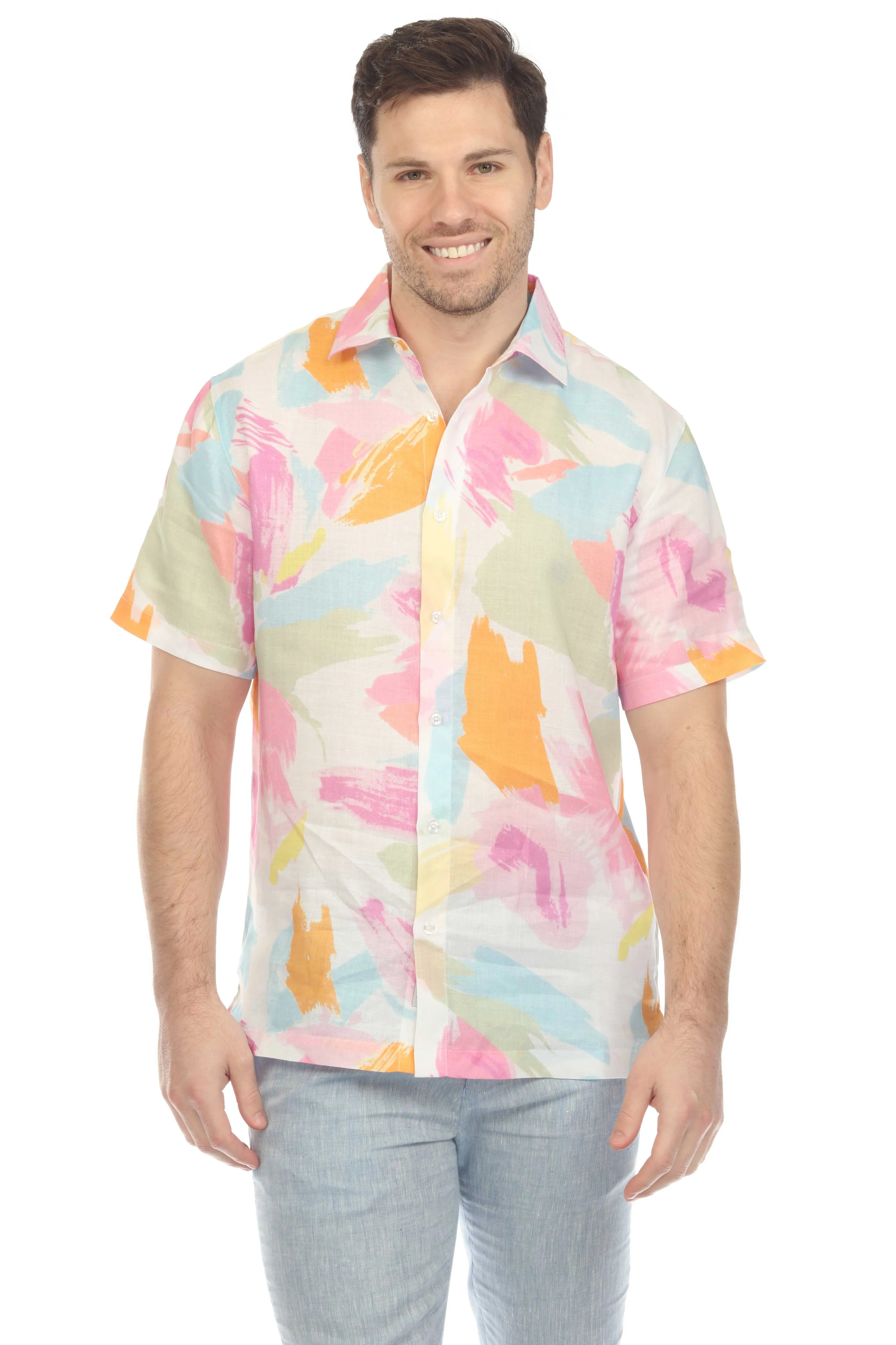 Mojito Men's Casual Printed Linen Resort Shirt Short Sleeve Button Down