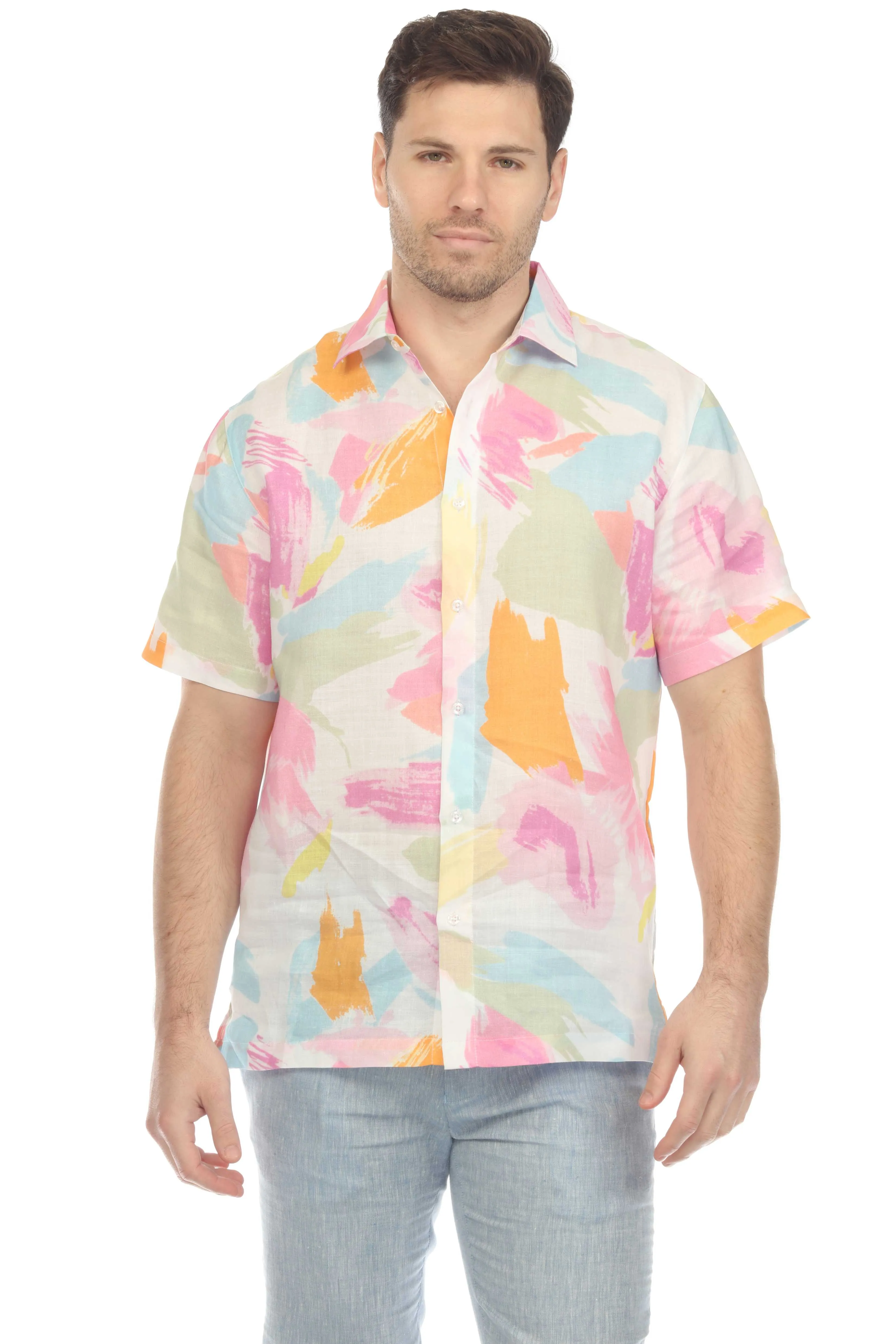 Mojito Men's Casual Printed Linen Resort Shirt Short Sleeve Button Down