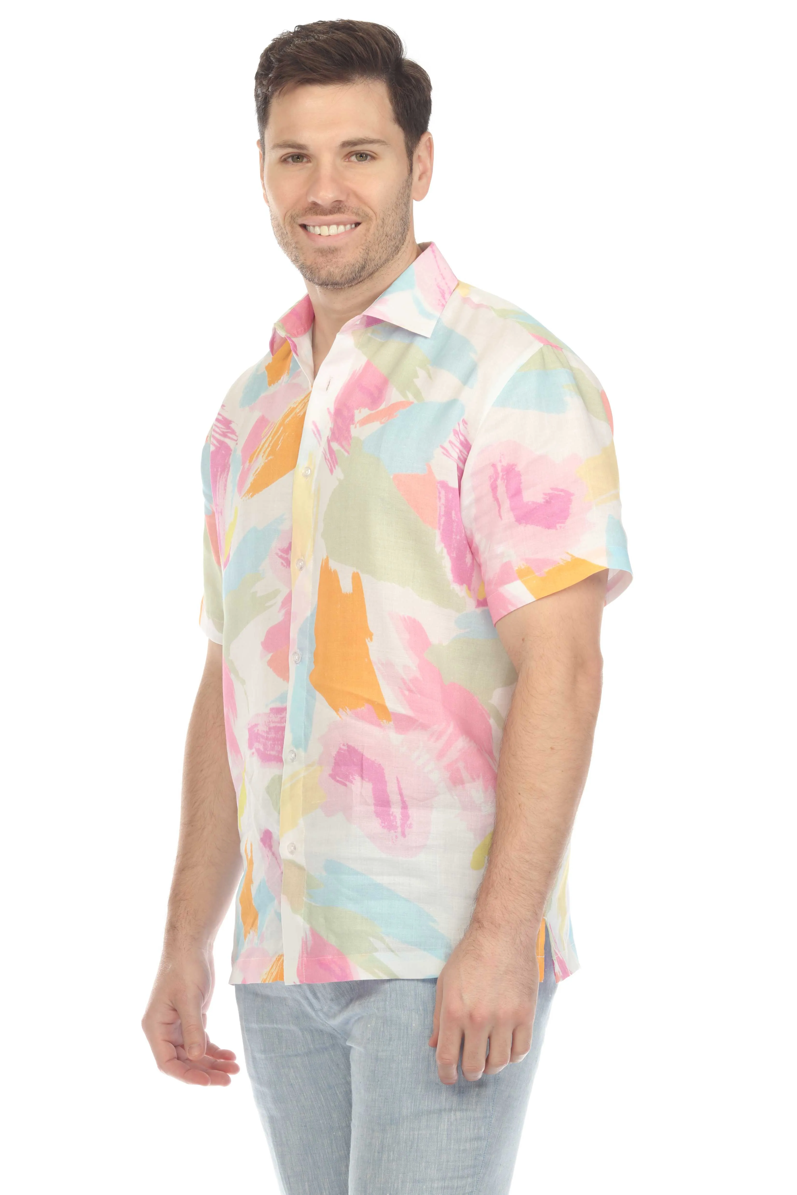 Mojito Men's Casual Printed Linen Resort Shirt Short Sleeve Button Down