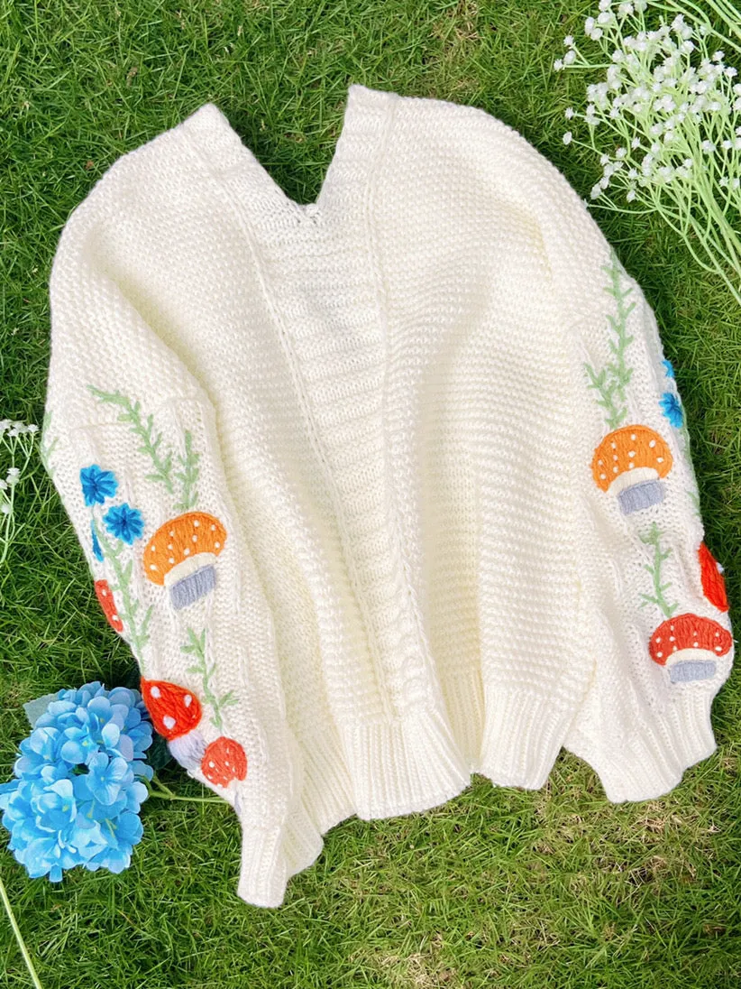 Mushroom Daisy Embroidery Cardigan
