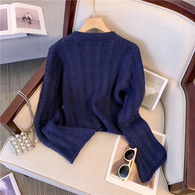 Navy Blue Single-breasted Tweed Cardigan