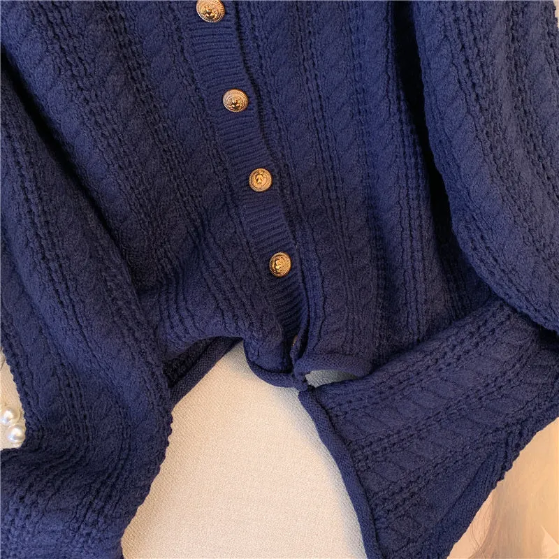 Navy Blue Single-breasted Tweed Cardigan