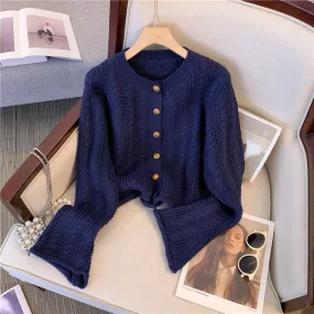 Navy Blue Single-breasted Tweed Cardigan
