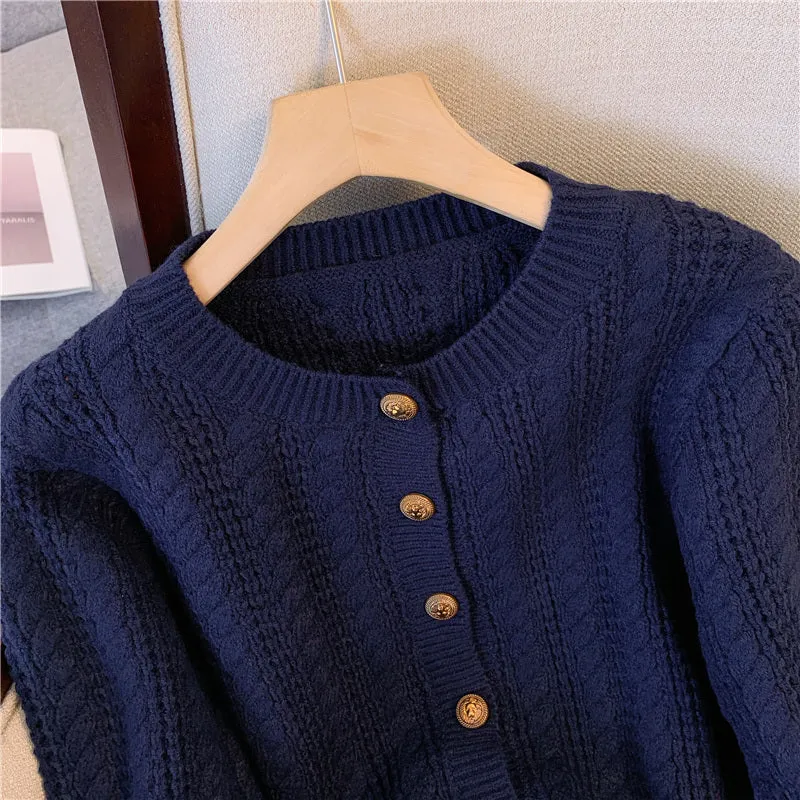 Navy Blue Single-breasted Tweed Cardigan