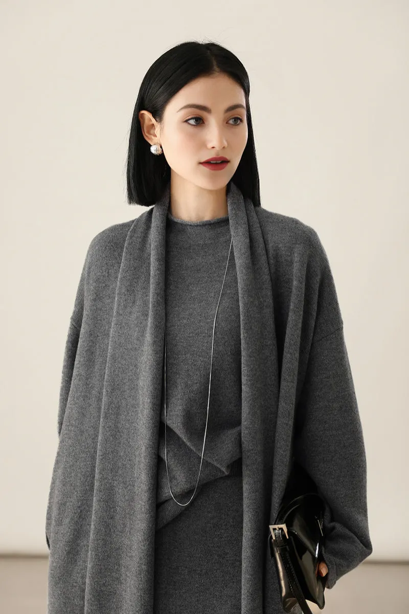 Open-Front Shawl Collar Cashmere Duster Cardigan With Rolled Hem