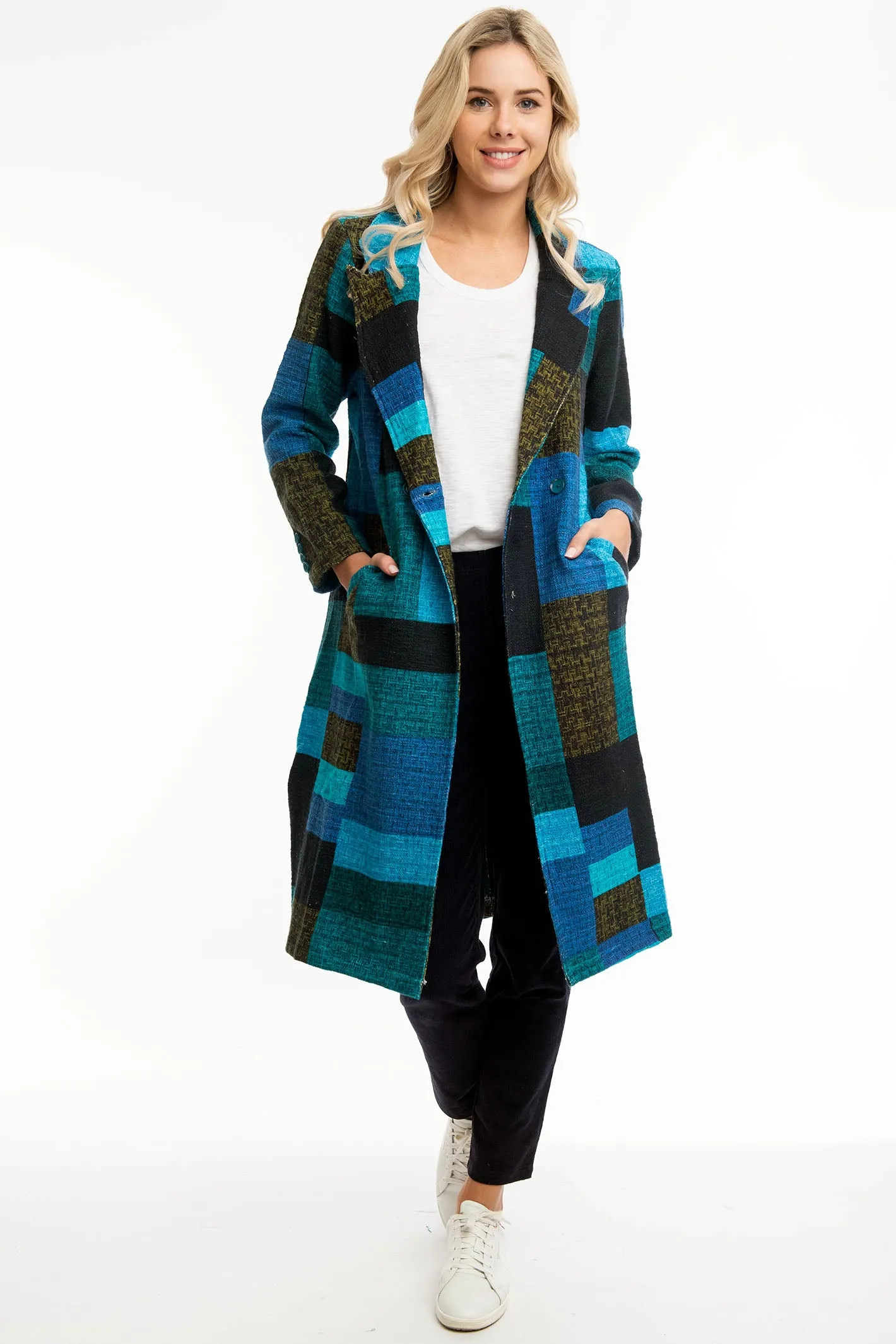 Orientique Long Coat Blue Tartan Patch Print 62654