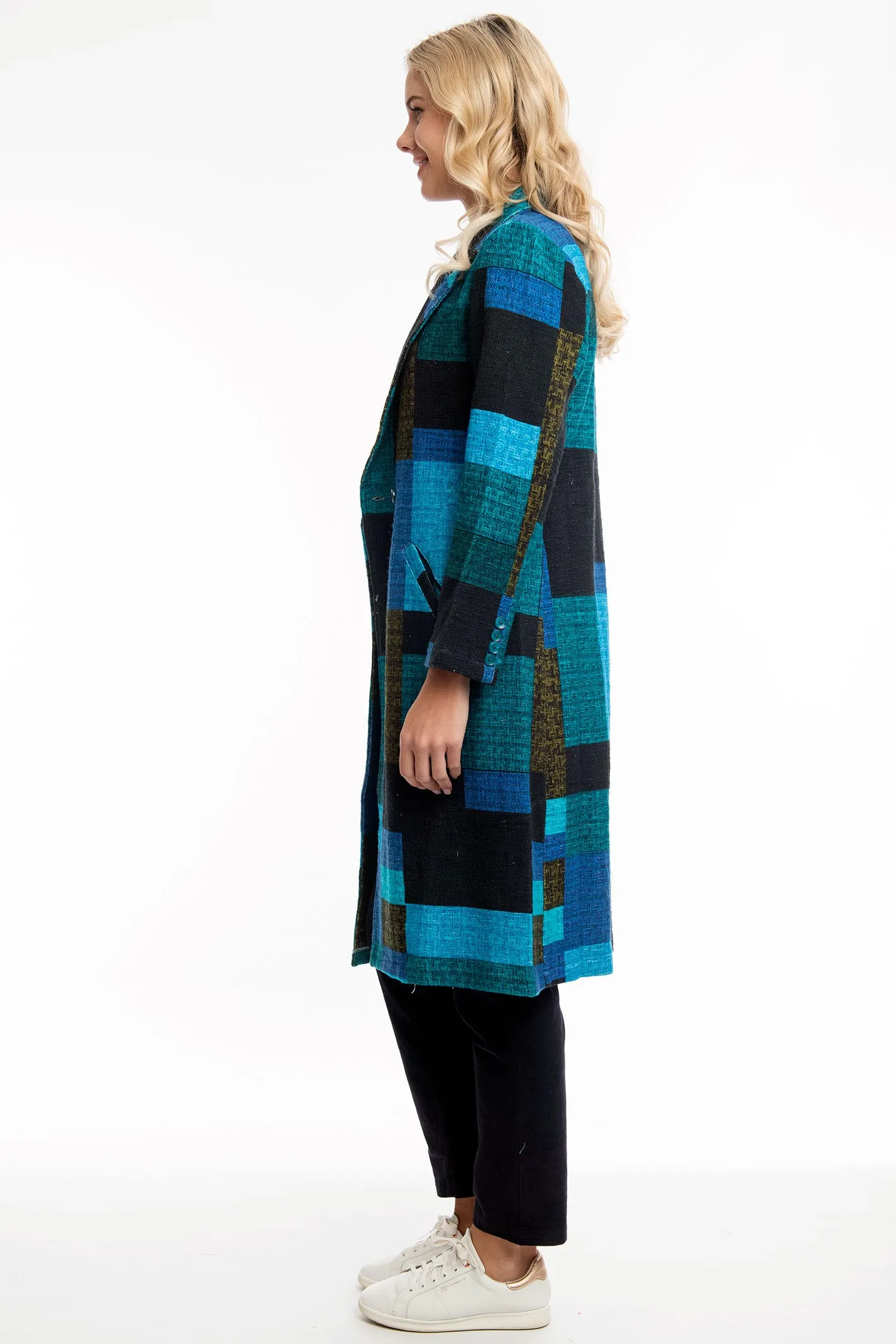 Orientique Long Coat Blue Tartan Patch Print 62654