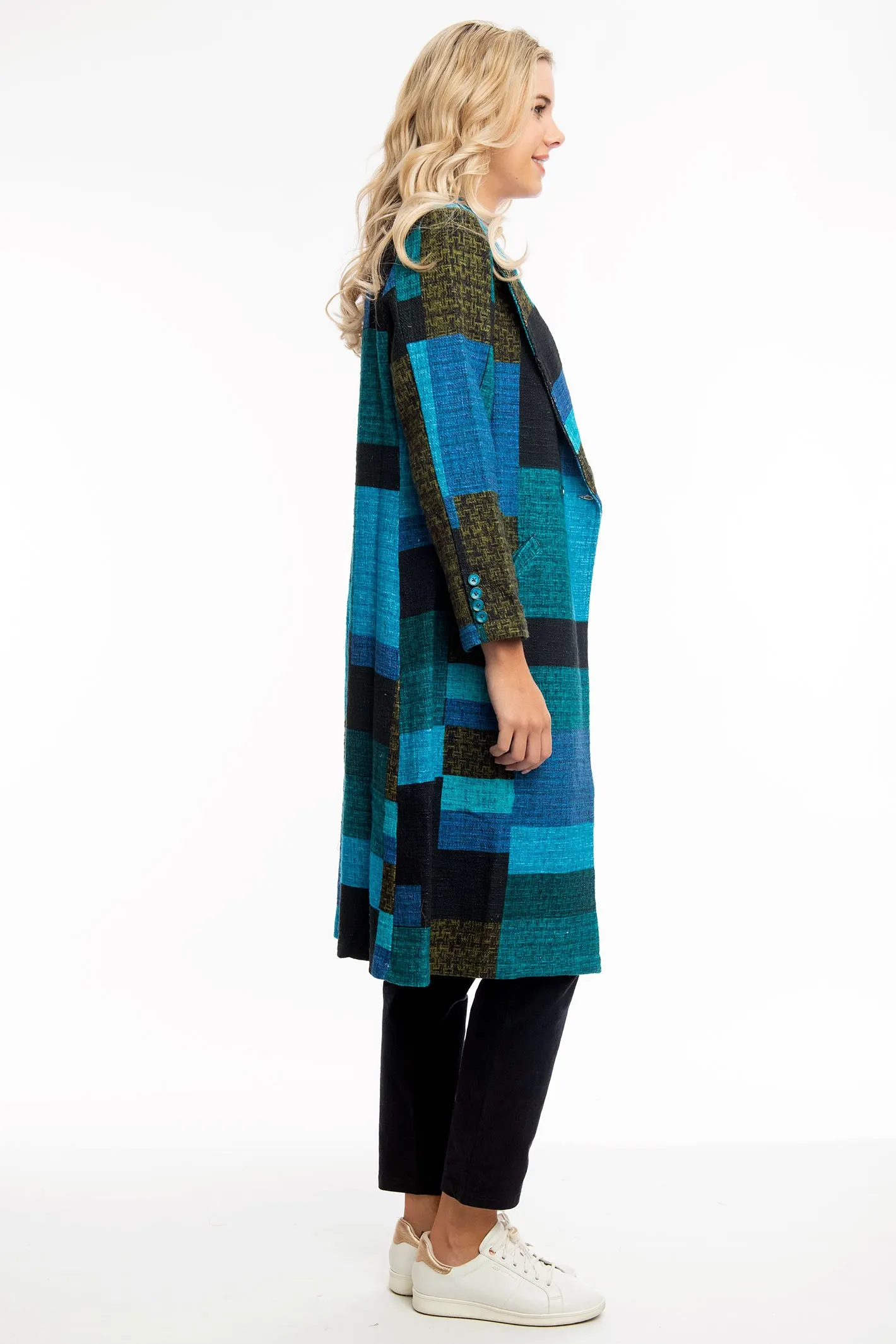 Orientique Long Coat Blue Tartan Patch Print 62654