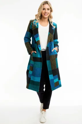 Orientique Long Coat Blue Tartan Patch Print 62654