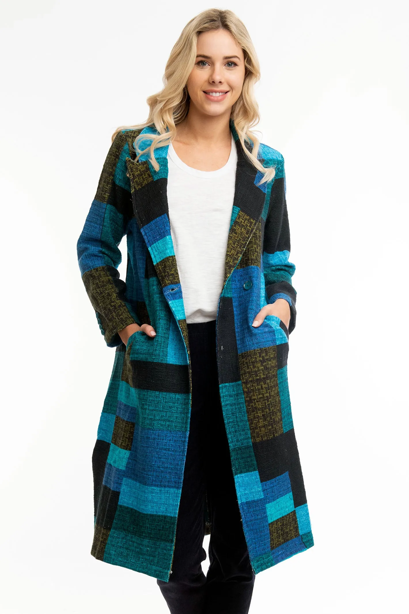 Orientique Long Coat Blue Tartan Patch Print 62654