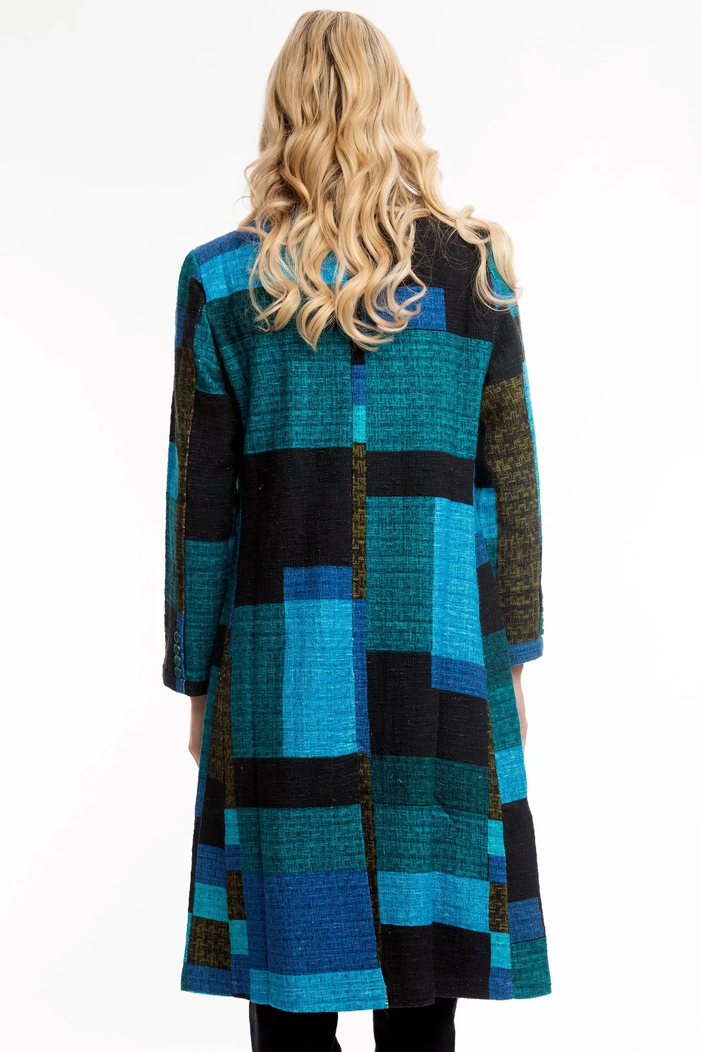 Orientique Long Coat Blue Tartan Patch Print 62654