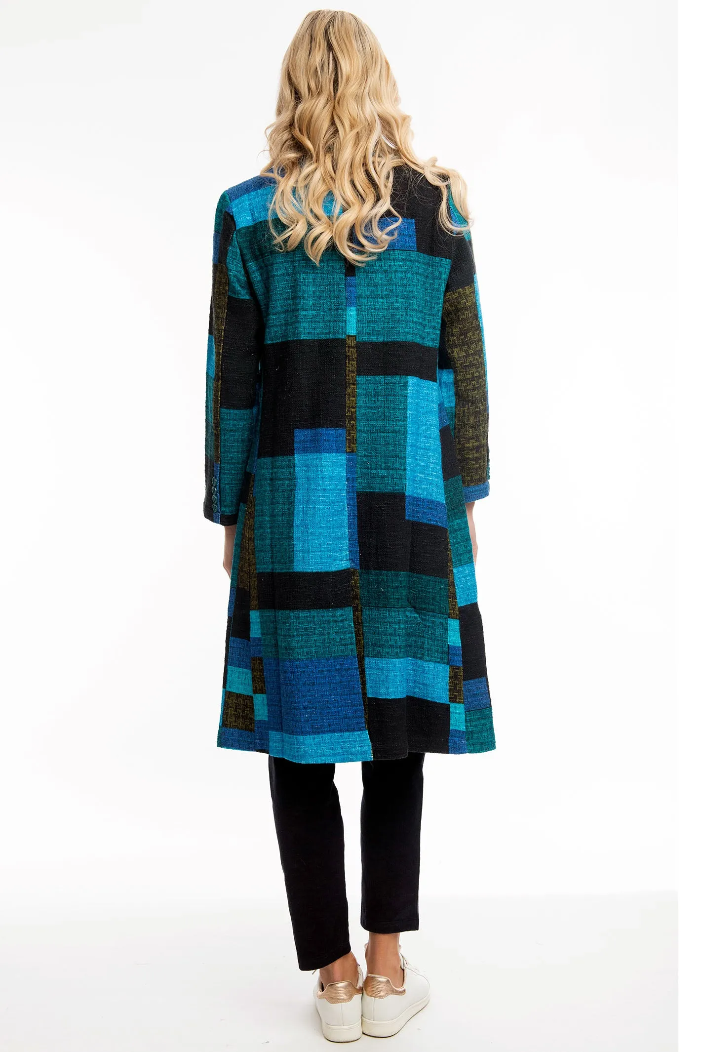 Orientique Long Coat Blue Tartan Patch Print 62654