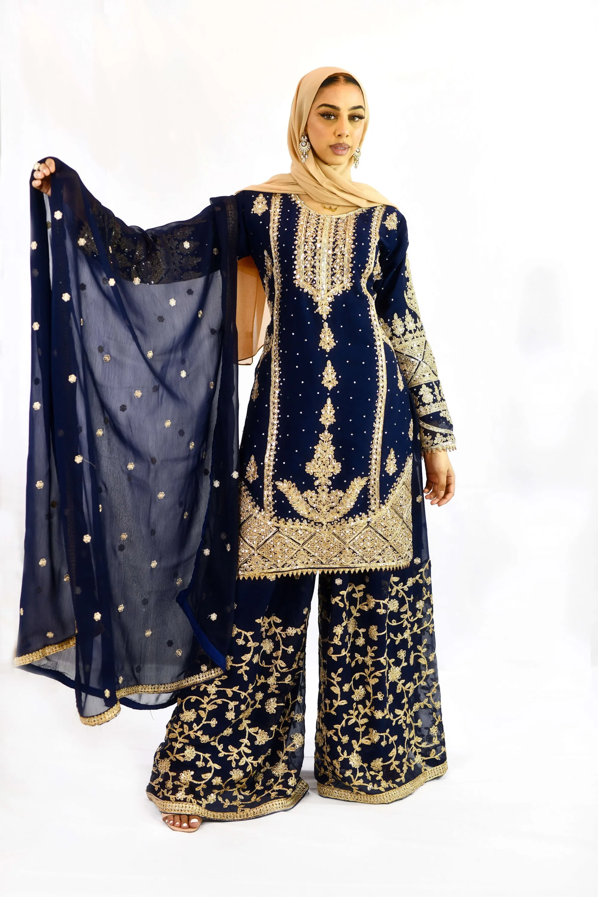 Palazzo lehnga with straight Kameez in chiffon | NavyBlue