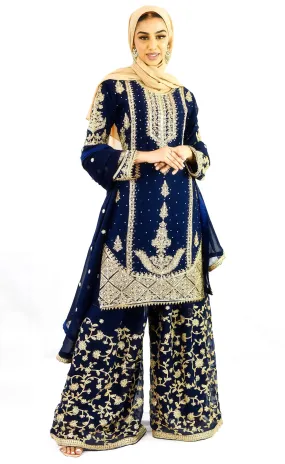 Palazzo lehnga with straight Kameez in chiffon | NavyBlue