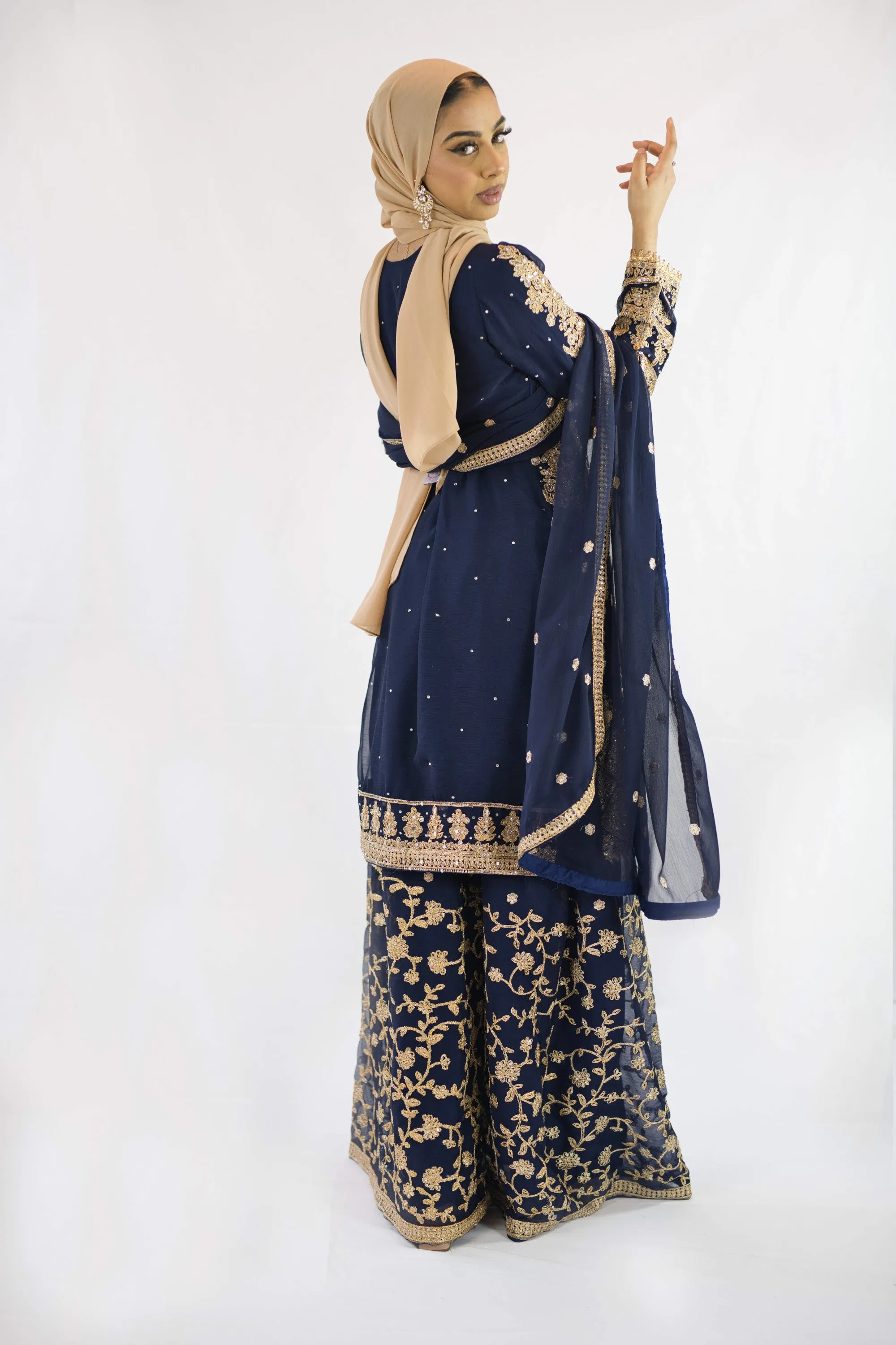 Palazzo lehnga with straight Kameez in chiffon | NavyBlue