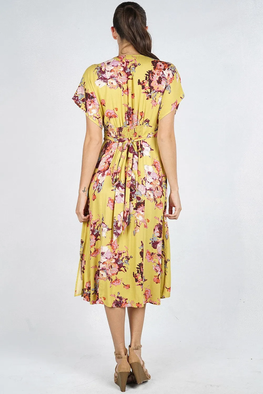 Pastel Floral Print Button Up High Low Midi Dress