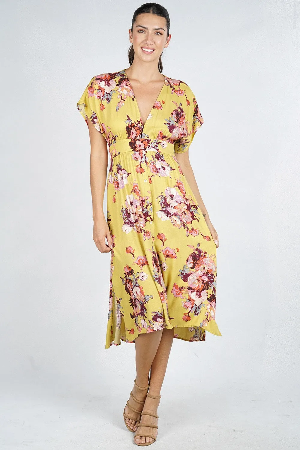 Pastel Floral Print Button Up High Low Midi Dress