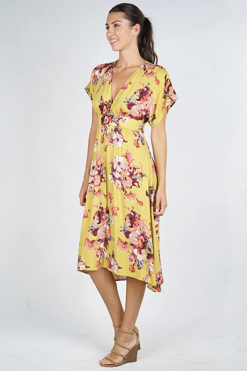Pastel Floral Print Button Up High Low Midi Dress