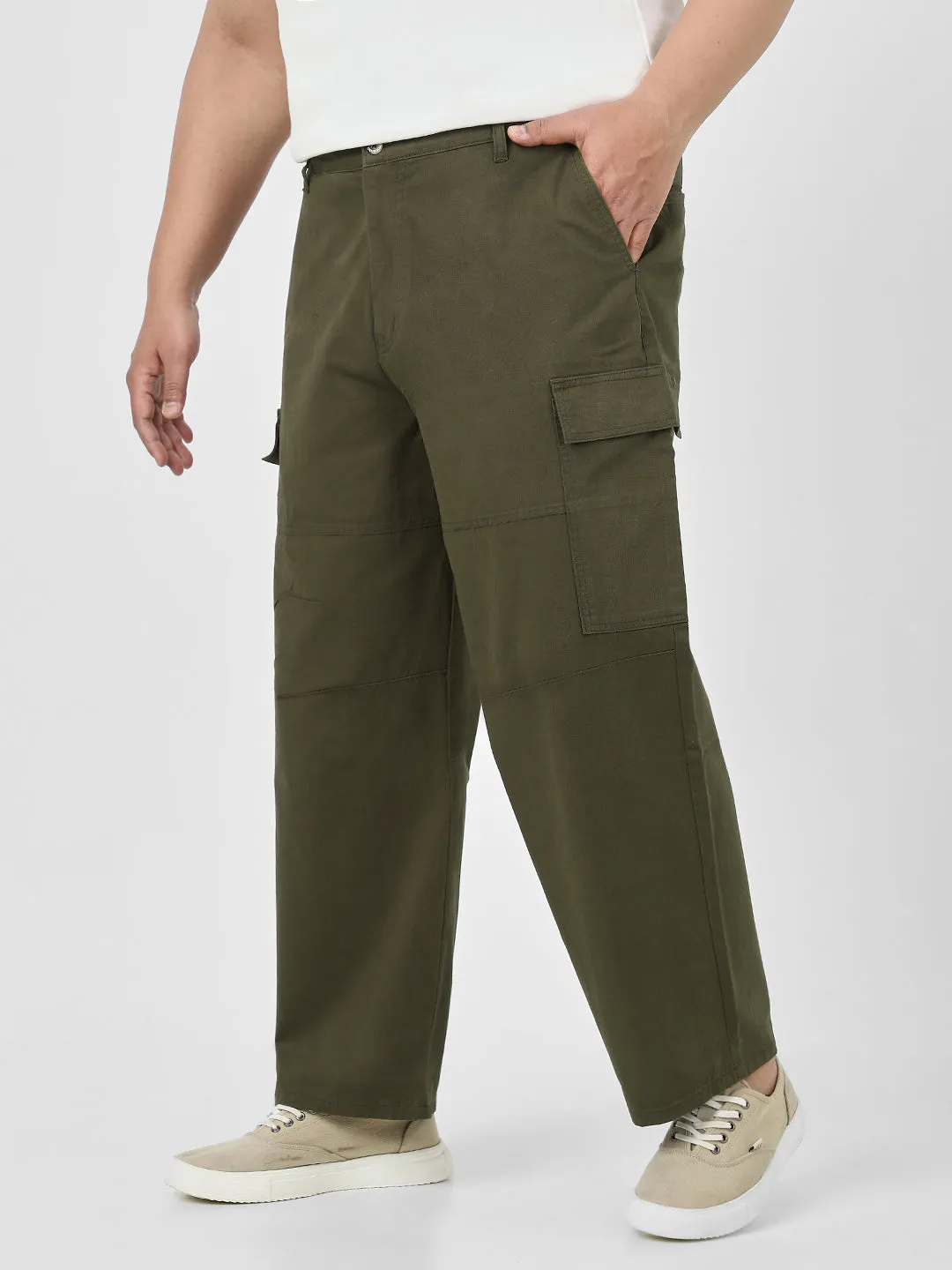 Plus Men's Olive Loose Baggy Fit Solid Cargo Chino Pant with 6 Pockets Non-Stretchable