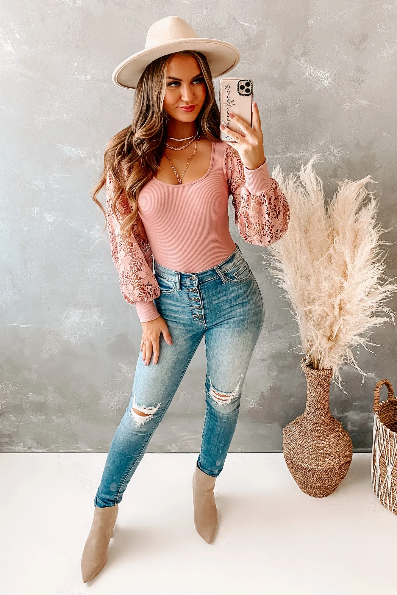 Pretty & Posh Lace Sleeve Bodysuit (Mauve)