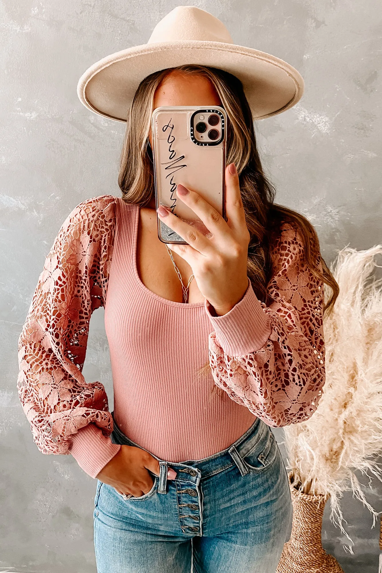 Pretty & Posh Lace Sleeve Bodysuit (Mauve)