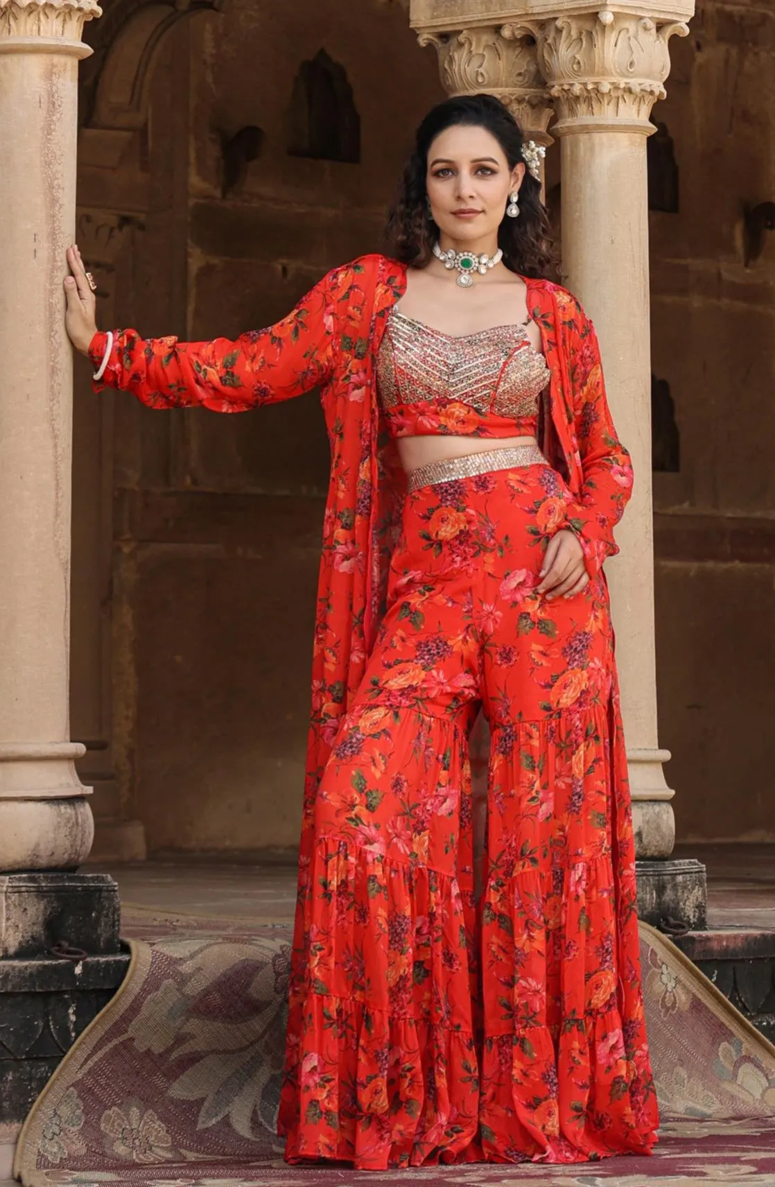 Red Chinon Silk Floral Sharara Set With Cape