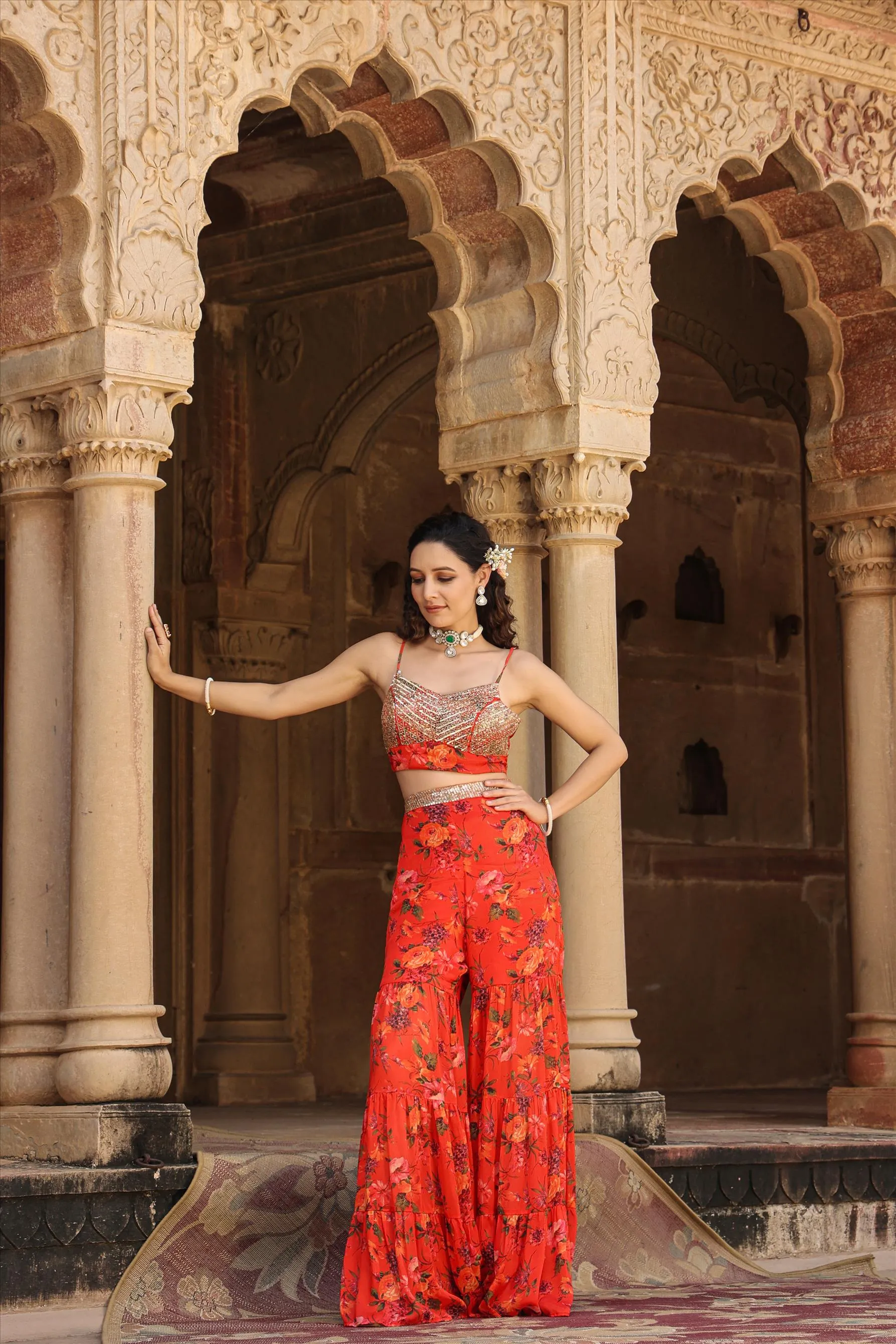 Red Chinon Silk Floral Sharara Set With Cape