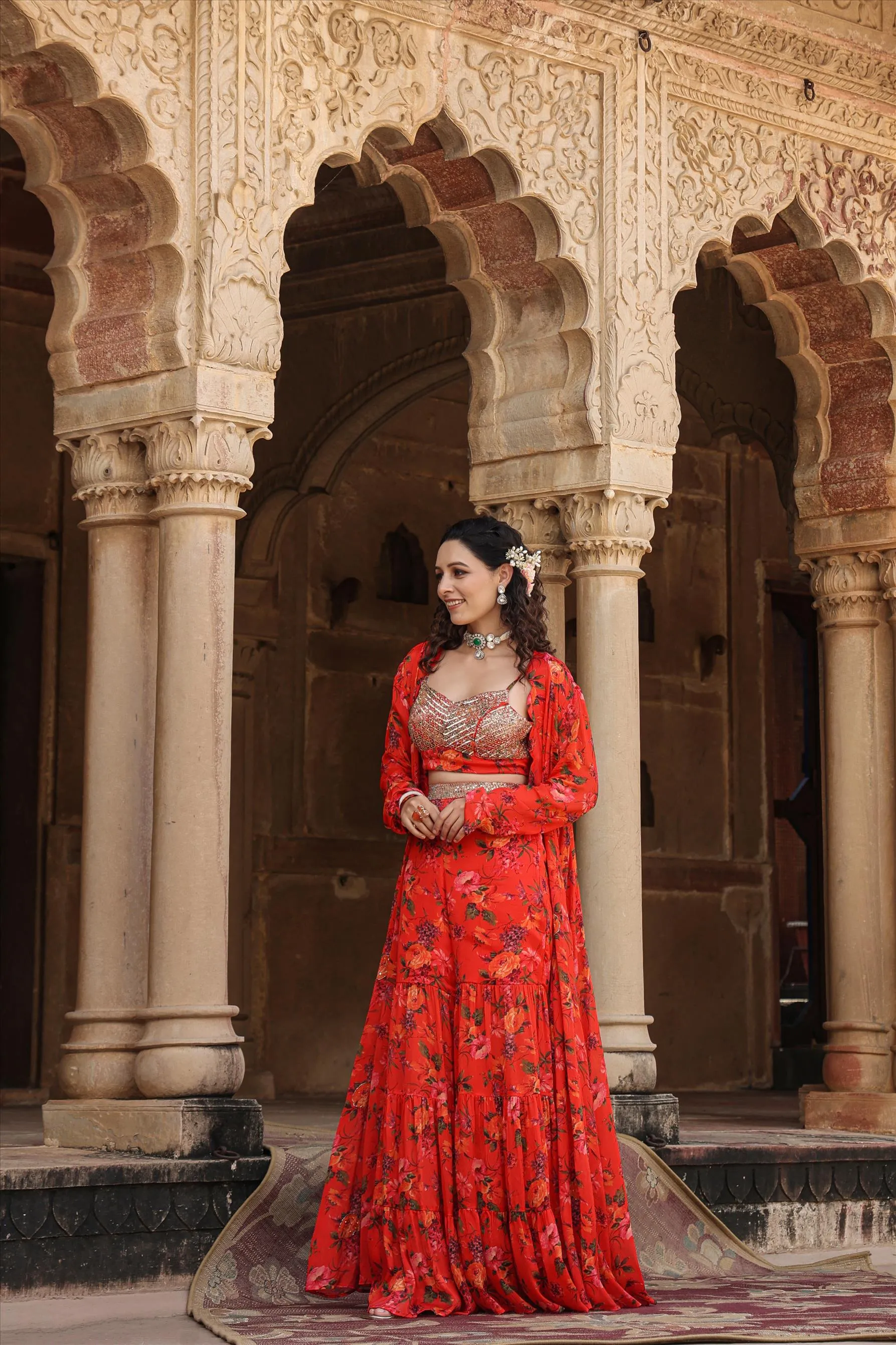 Red Chinon Silk Floral Sharara Set With Cape