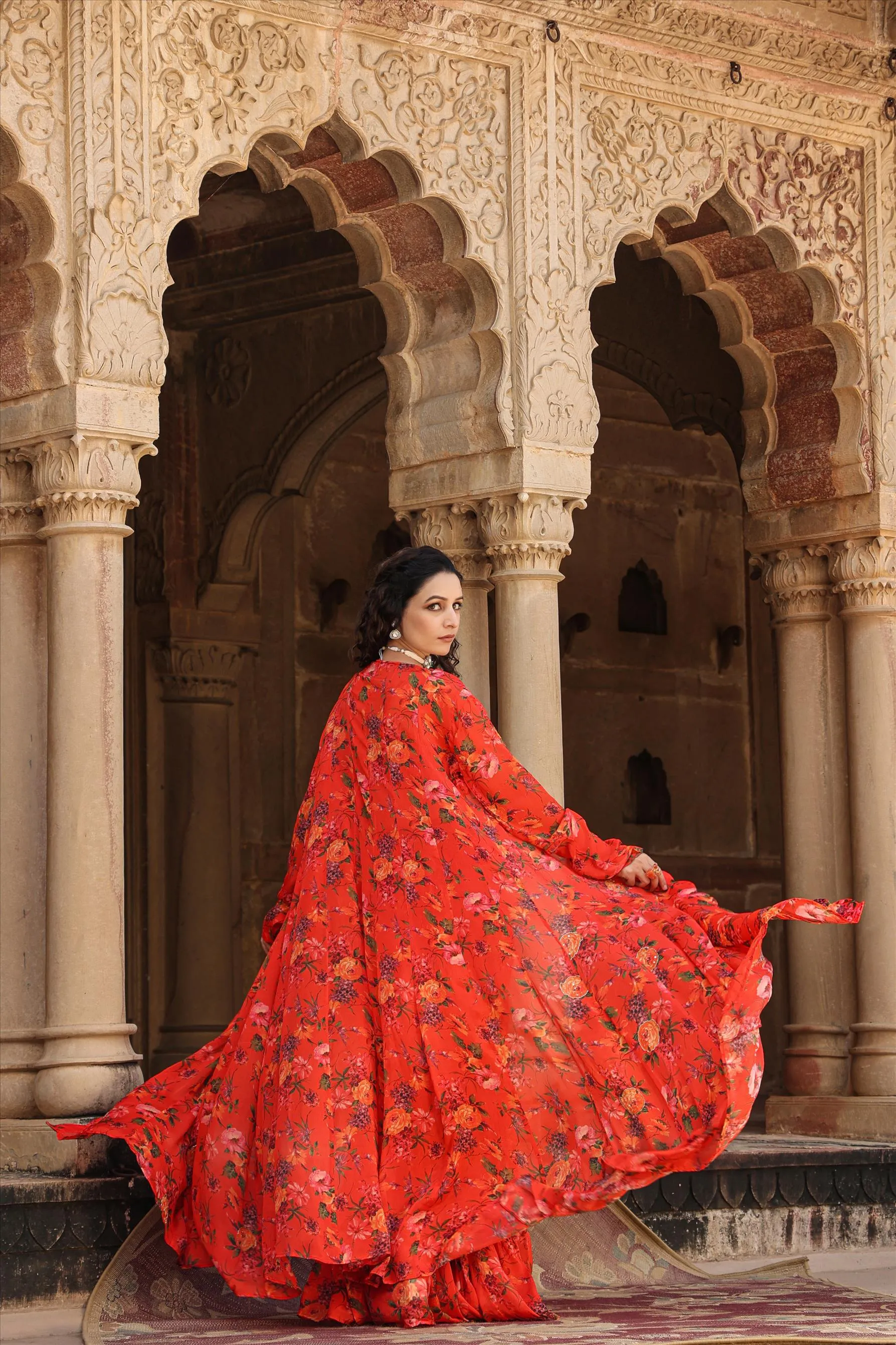 Red Chinon Silk Floral Sharara Set With Cape