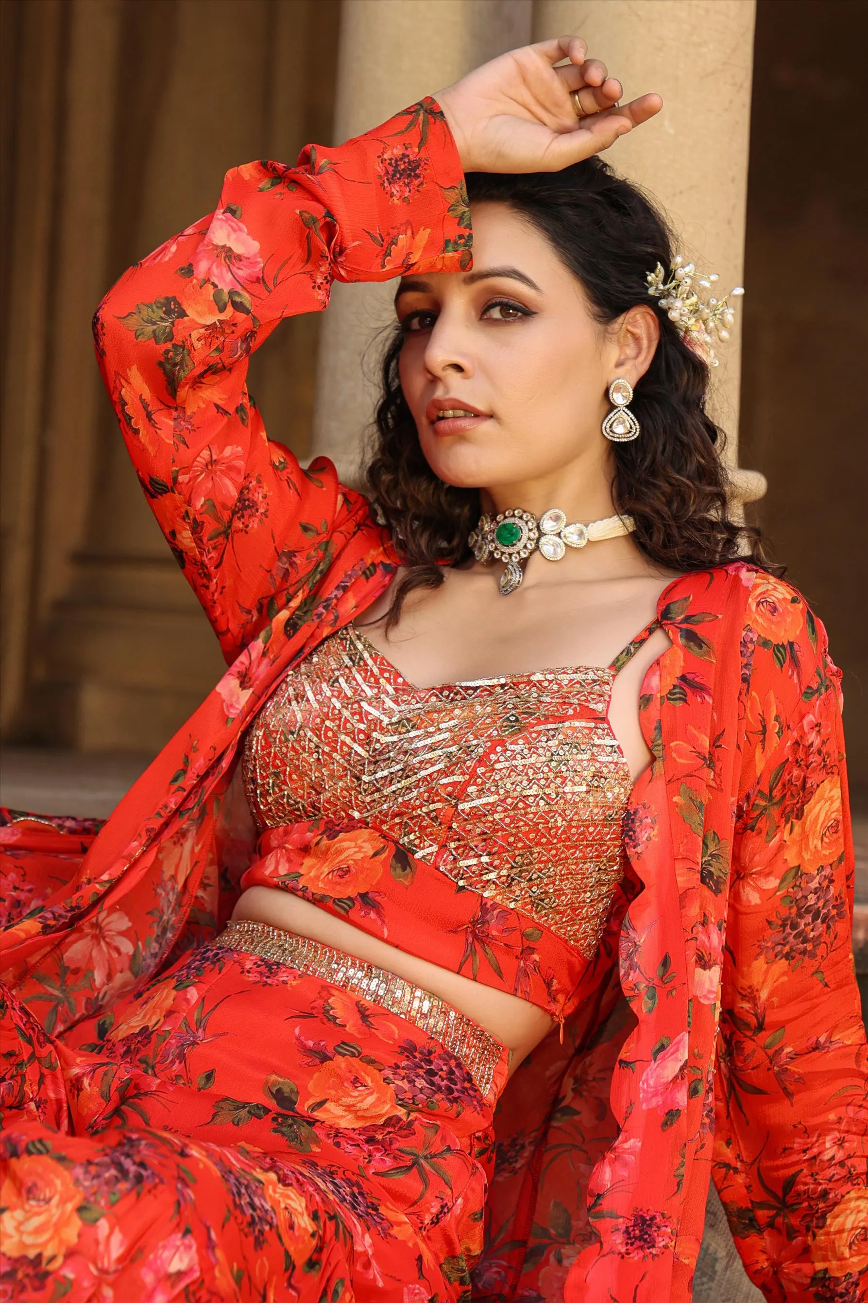 Red Chinon Silk Floral Sharara Set With Cape