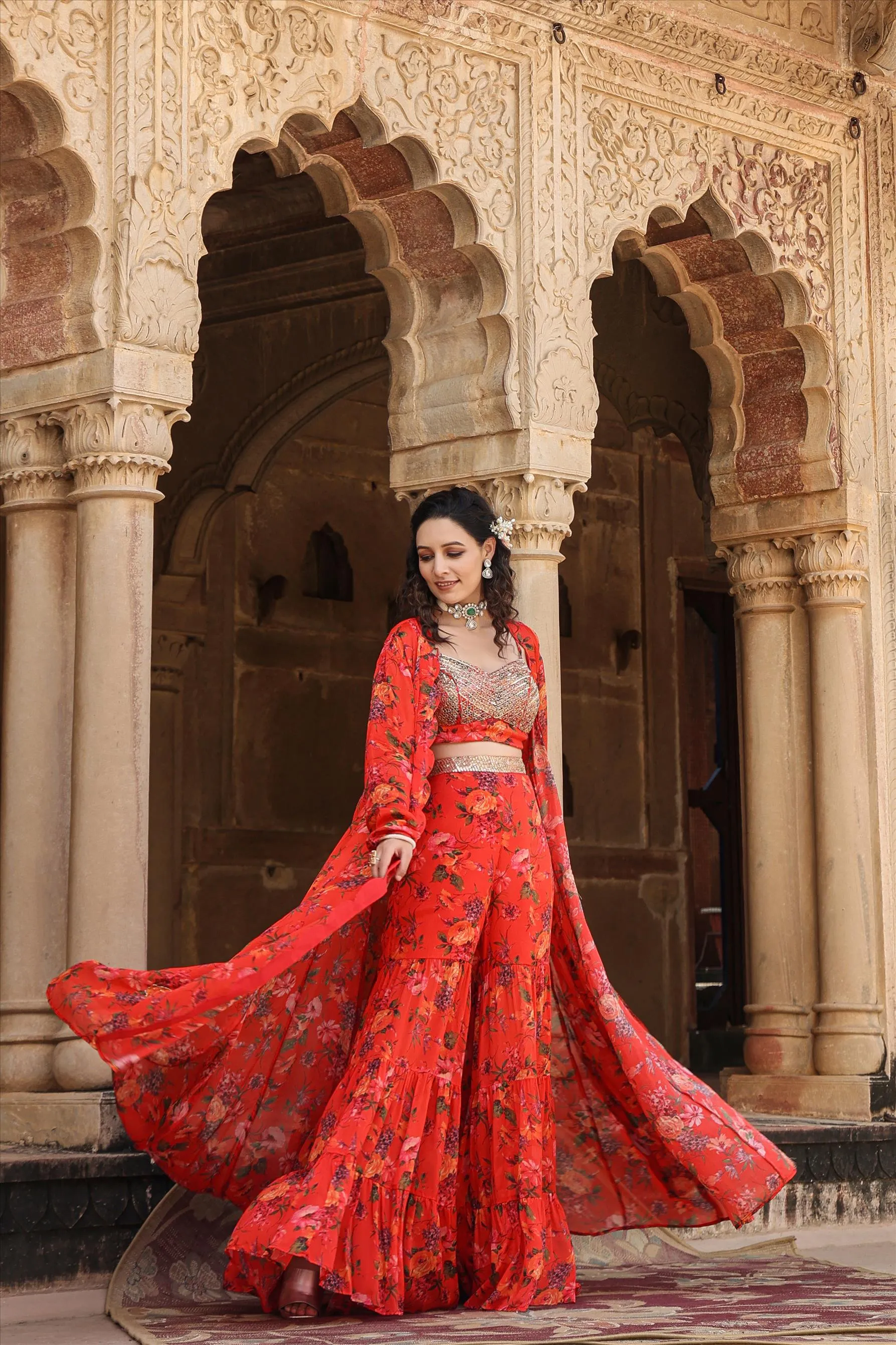 Red Chinon Silk Floral Sharara Set With Cape