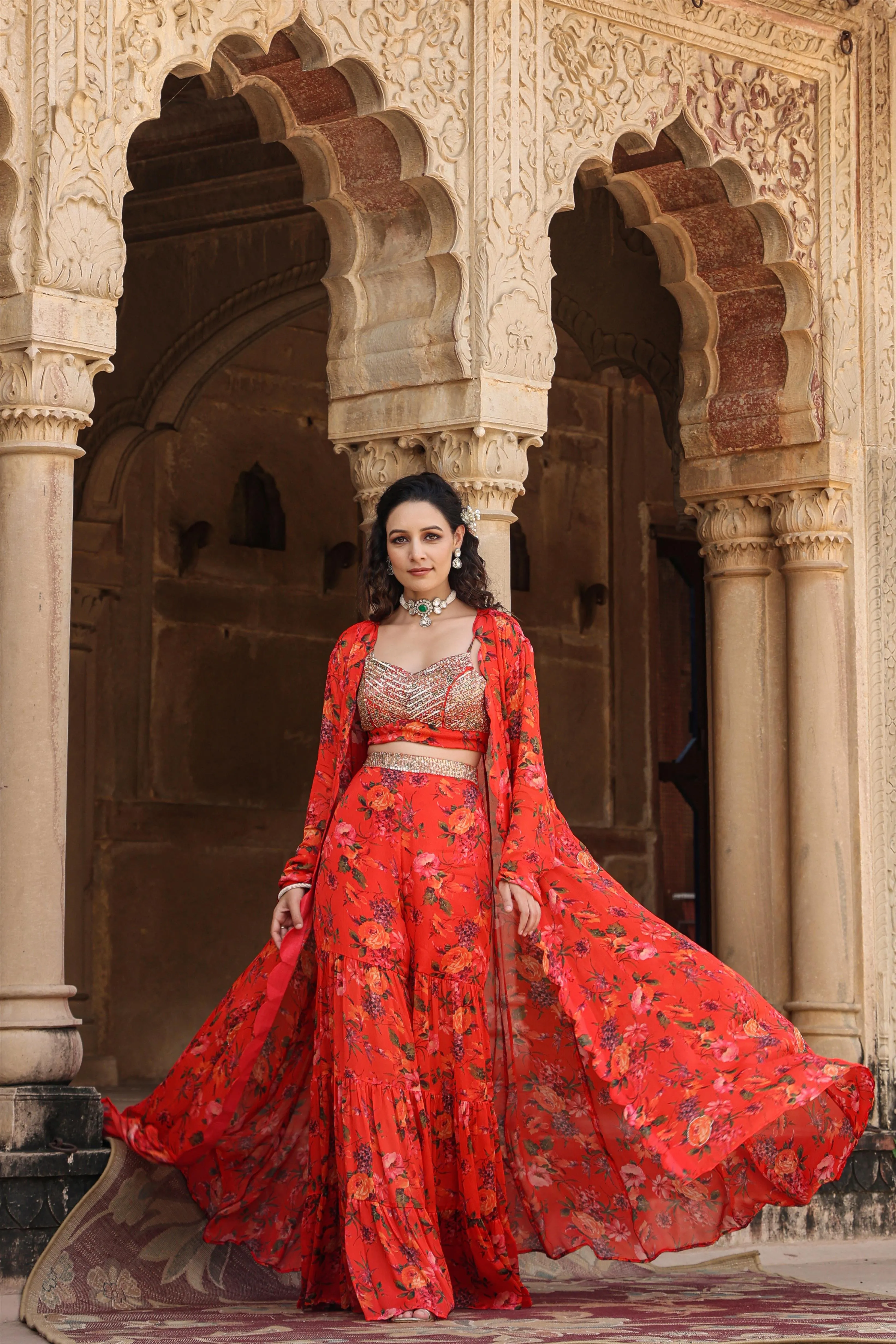 Red Chinon Silk Floral Sharara Set With Cape