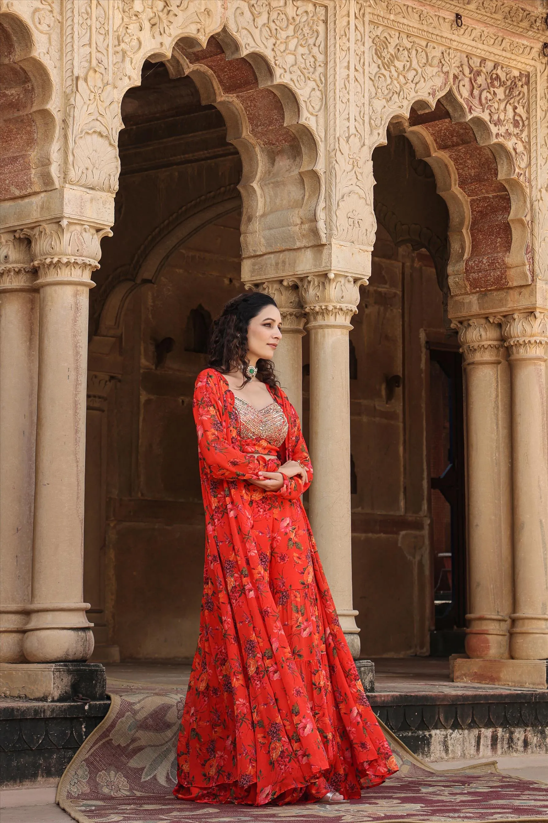 Red Chinon Silk Floral Sharara Set With Cape