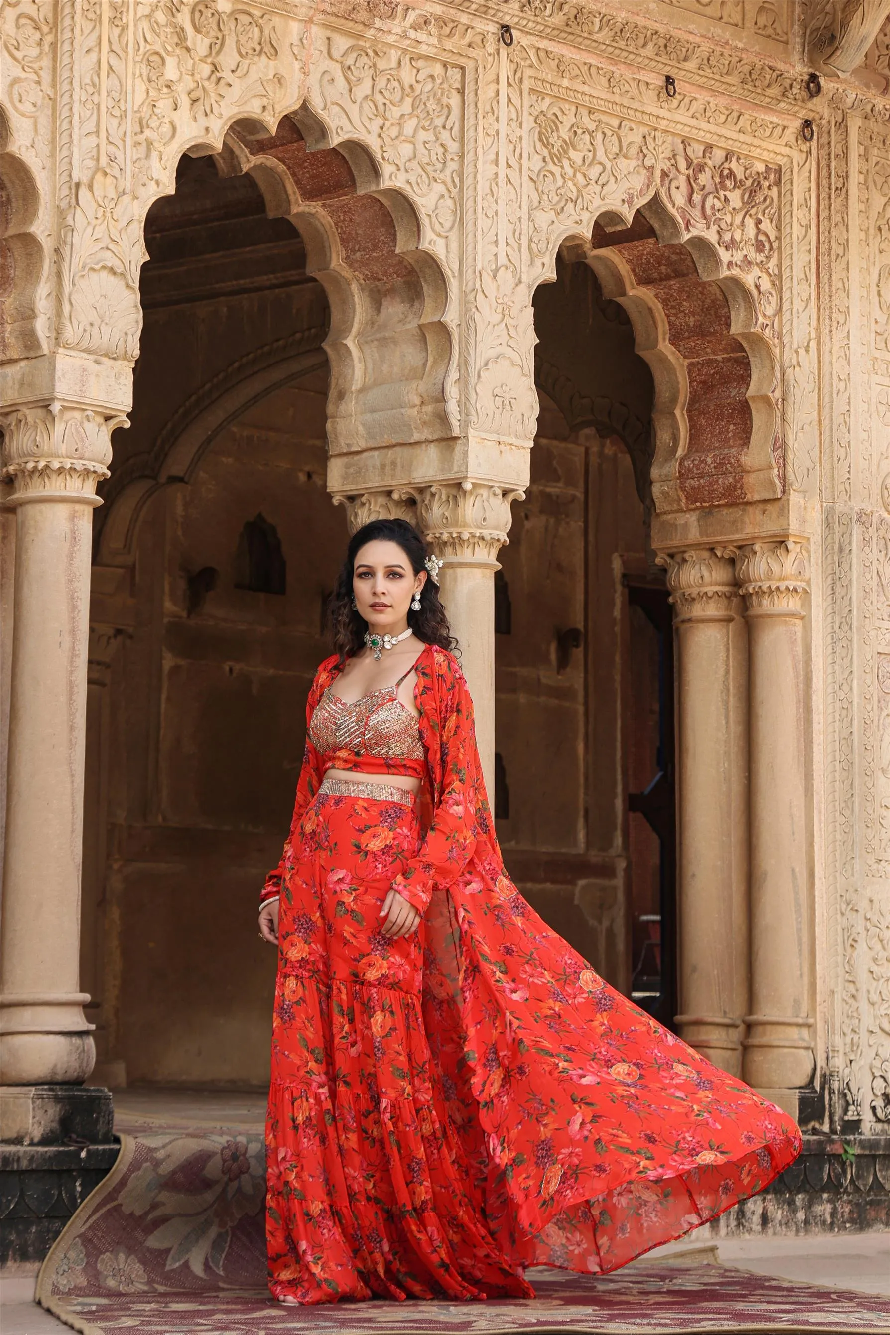 Red Chinon Silk Floral Sharara Set With Cape