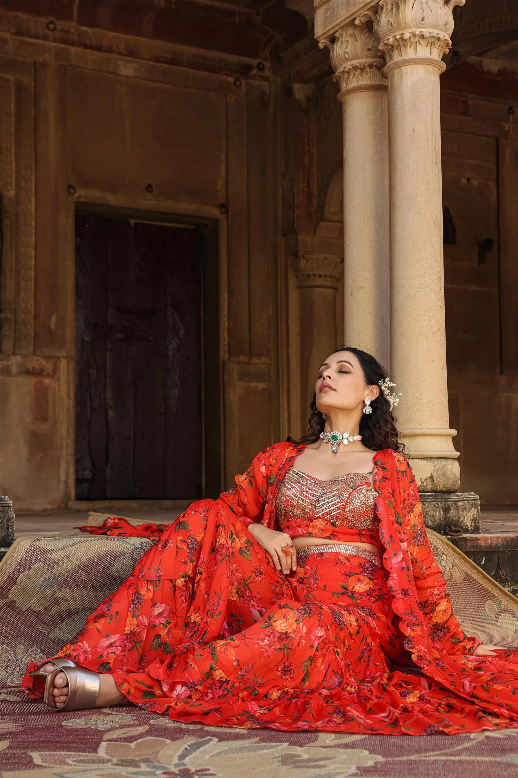 Red Chinon Silk Floral Sharara Set With Cape