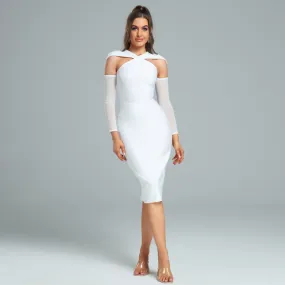 RYAN Halter Neckline Bandage Midi Dress With Mesh Mid Arm Sleeves With Back Cutout