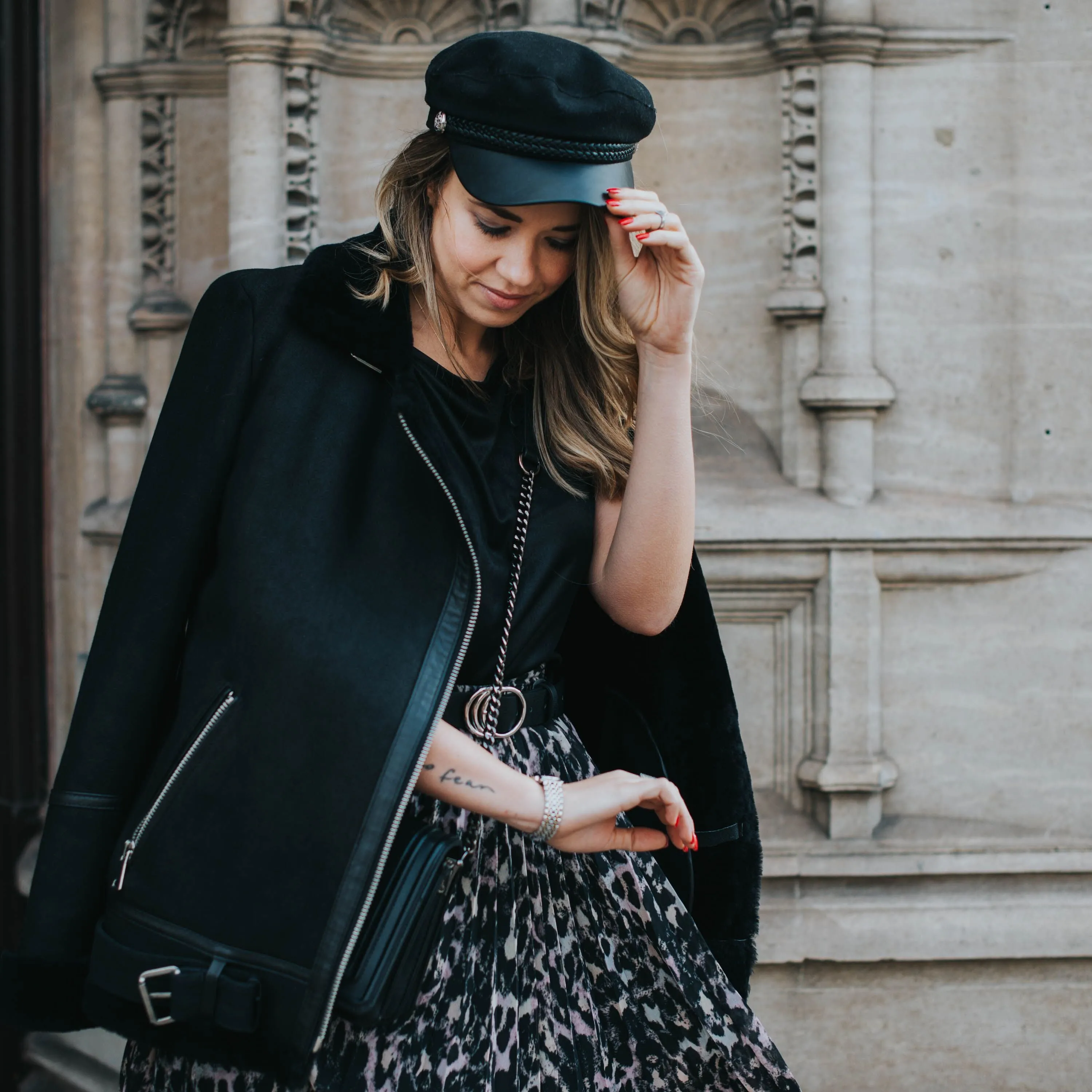 Shearling leather oversized aviator jacket in black