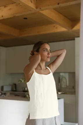 Short ivory linen nightie with straps - Mariane