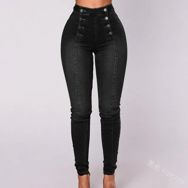 Solid Color Double Breasted High Waist Skinny Jeans