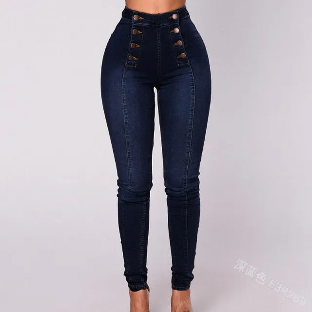 Solid Color Double Breasted High Waist Skinny Jeans
