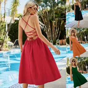 Spring And Summer Cross Border Women's Sexy Backless Straps Red Waisted Large Skirt Suspender Dress