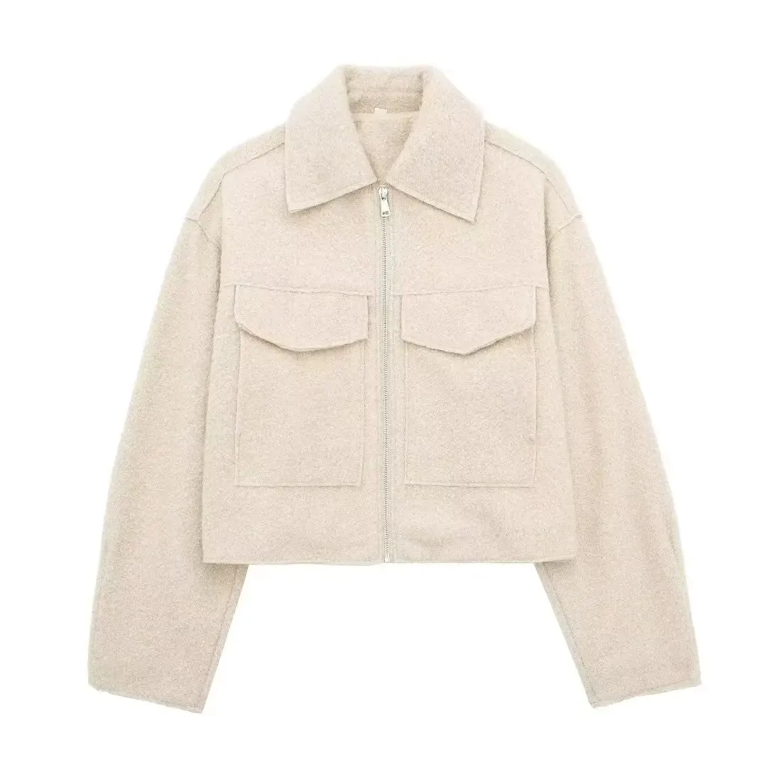 Streetwear Turn-Down Collar Zipper Jacket – Solid Color Urban Outerwear for Women