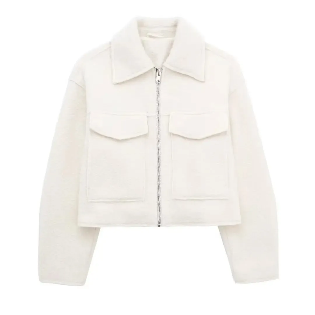 Streetwear Turn-Down Collar Zipper Jacket – Solid Color Urban Outerwear for Women
