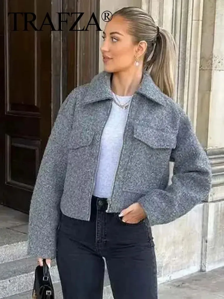 Streetwear Turn-Down Collar Zipper Jacket – Solid Color Urban Outerwear for Women