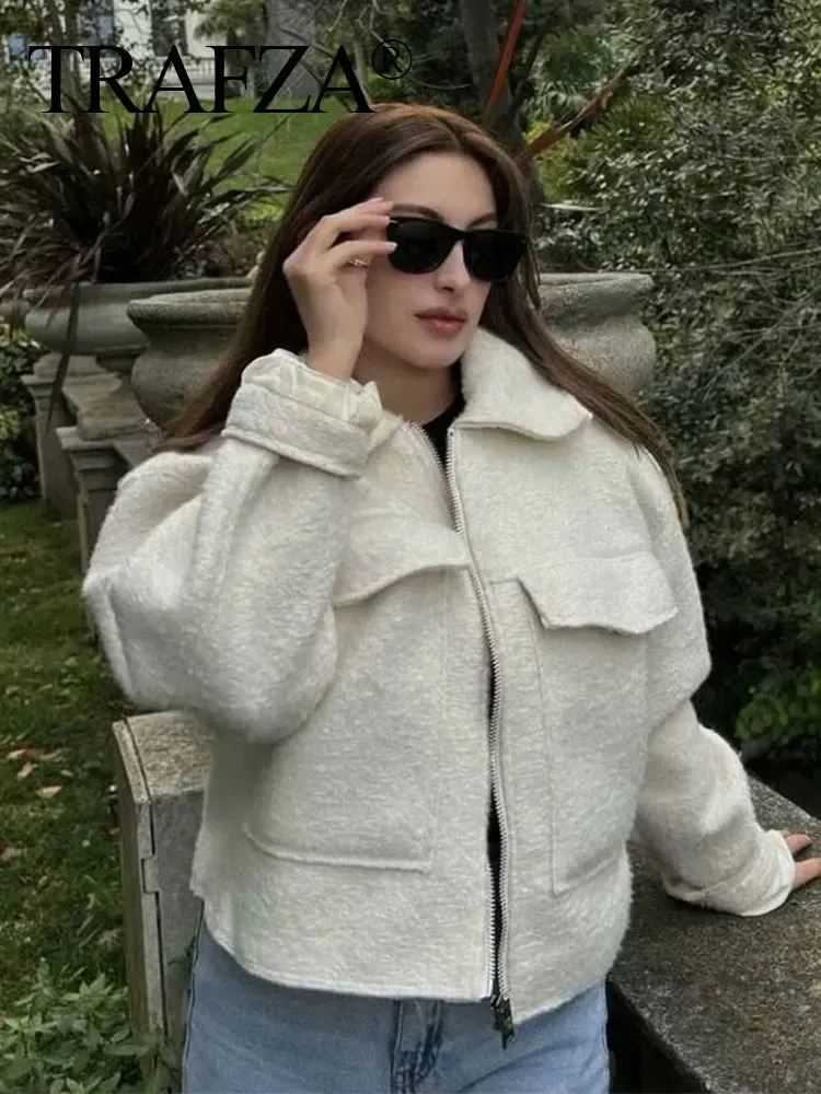 Streetwear Turn-Down Collar Zipper Jacket – Solid Color Urban Outerwear for Women