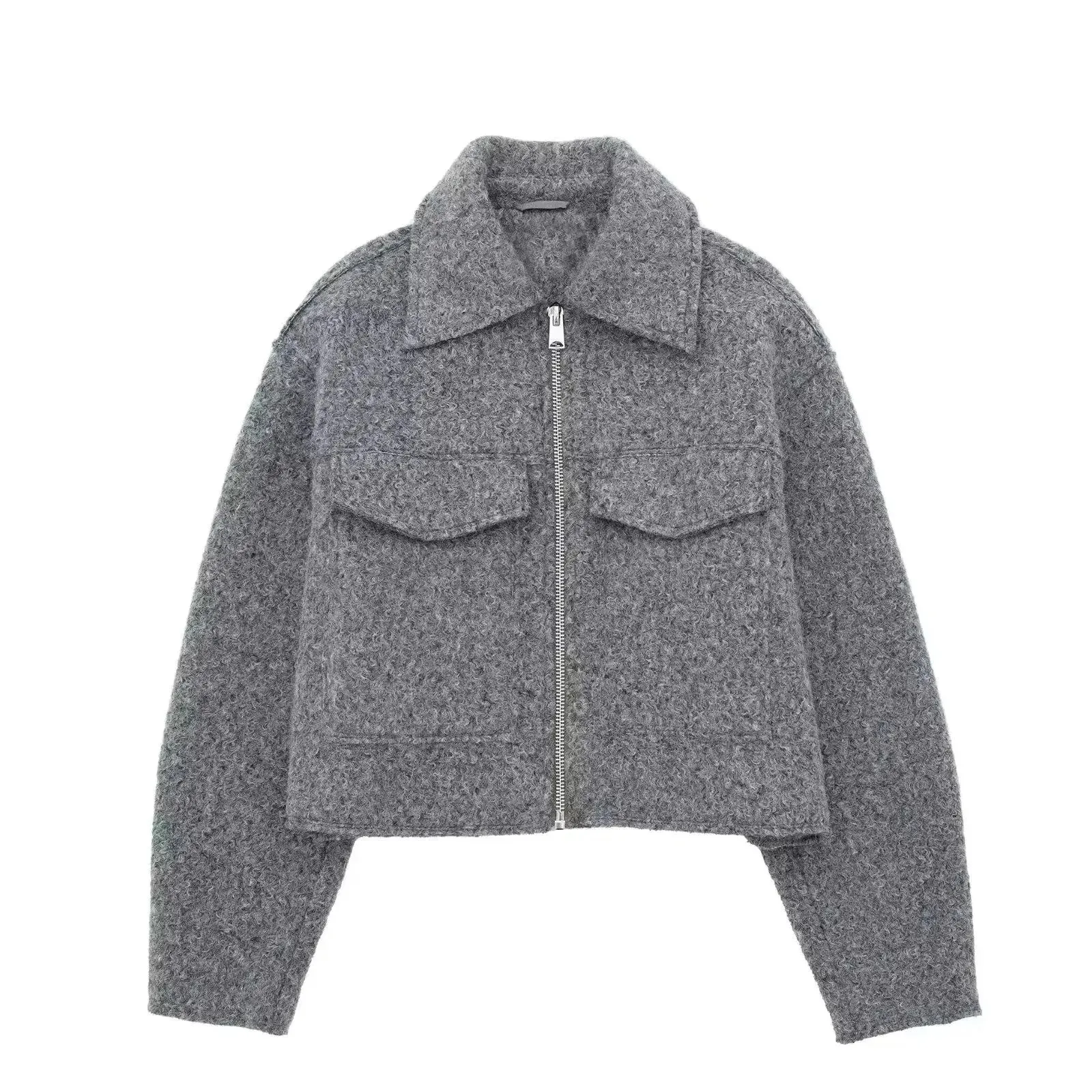 Streetwear Turn-Down Collar Zipper Jacket – Solid Color Urban Outerwear for Women
