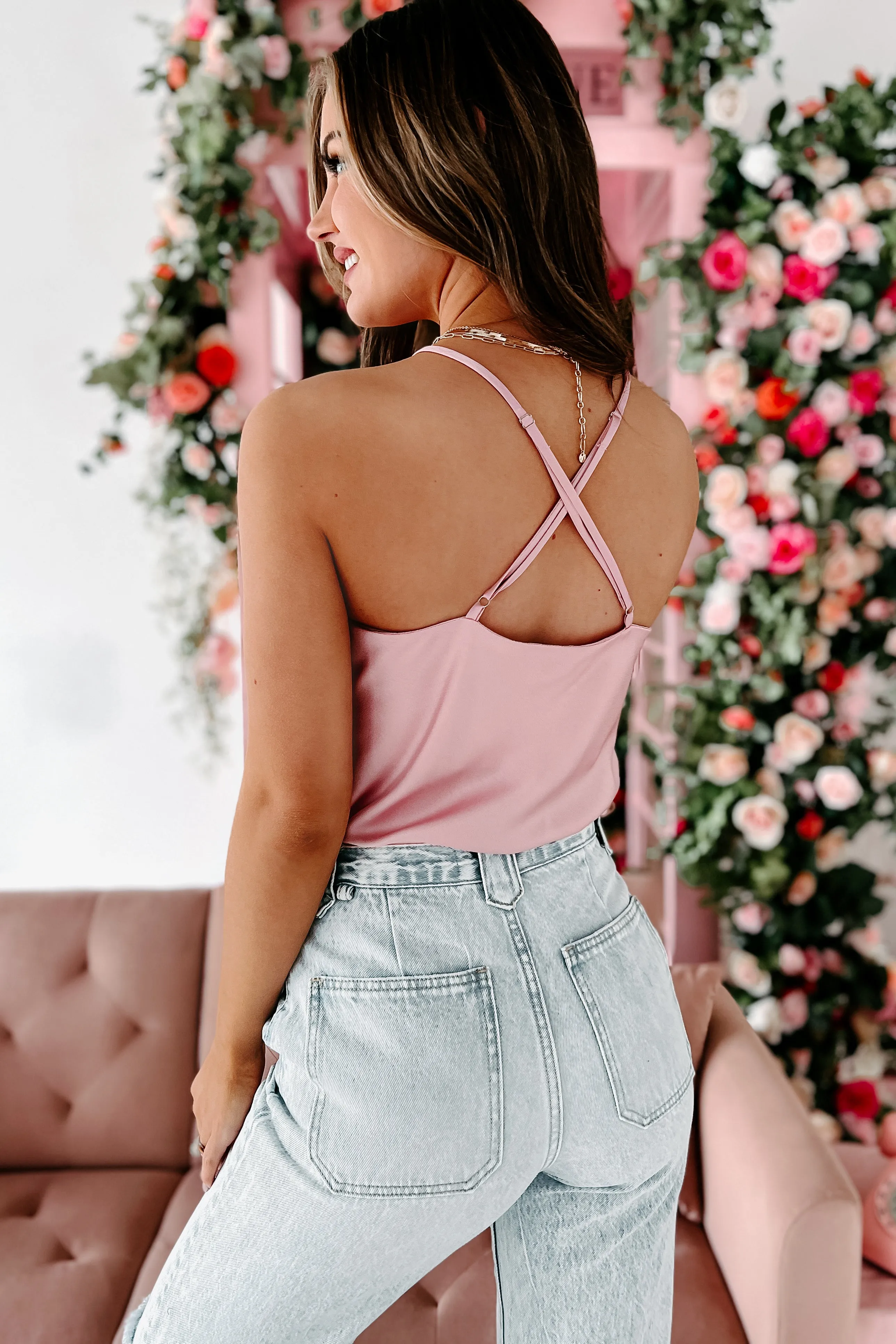 Stuck In The Moment Satin Cowl Neck Bodysuit (Pink)