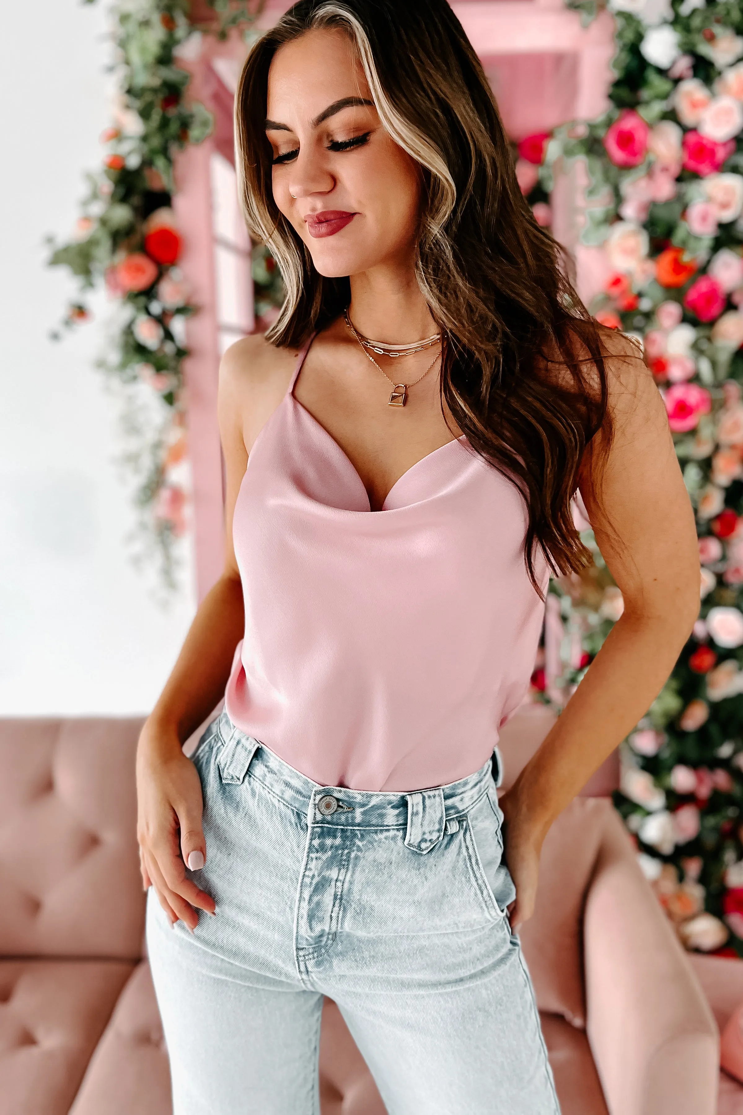 Stuck In The Moment Satin Cowl Neck Bodysuit (Pink)